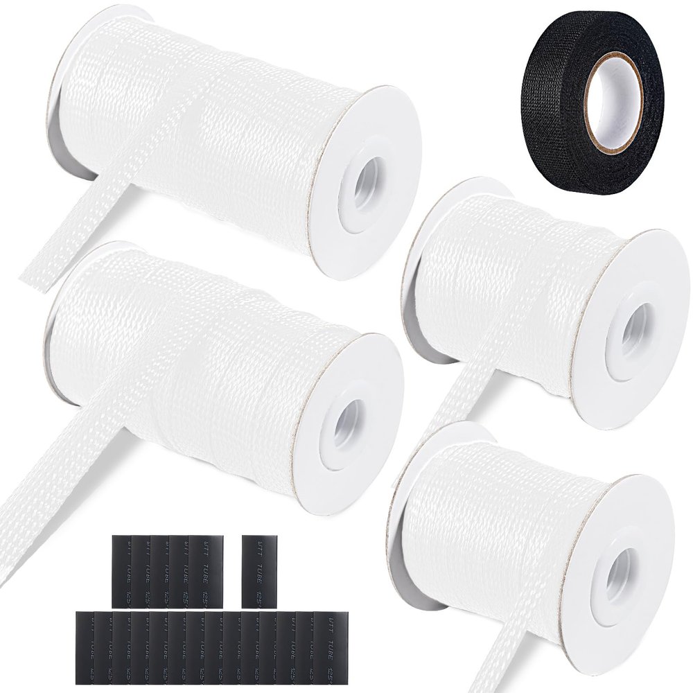 132 ft Expandable Braided Cable Sleeve Wire Loom PET Wire SleevingWrap Management Mesh for Audio Video and Other Home Device Cable Automotive Wire - (1/2 Inch, 1/4 Inch, 2/5 Inch,3/4 Inch,White)