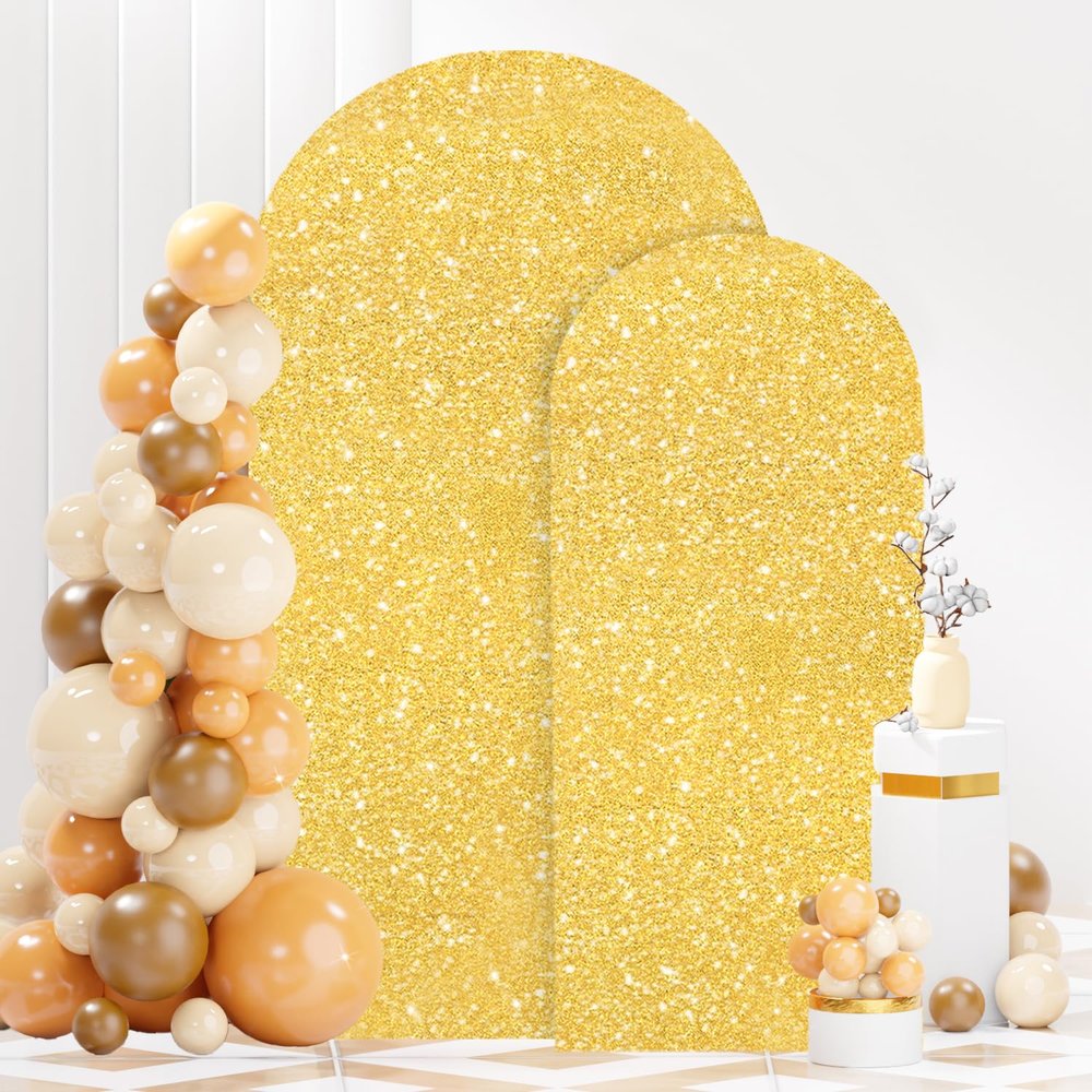 FANPROMS Sequin Arch Cover Gold 6FT 7.2FT Spandex Fitted Arch Covers Stretchy Backdrop Set of 2 Glitter Arch Stand Covers Backdrop Fabric 2-Sided Wedding Arch Cover for Gender Reveal Party Decor