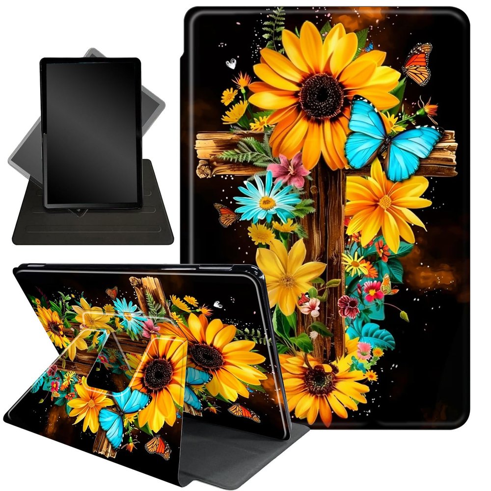 Case for 10.2" Kindle Scribe (2024/2022 Release),360 Degree Rotating Stand Smart Protective Cover Case for Kindle Scribe 10.2",Gold Sunflower Butterfliy