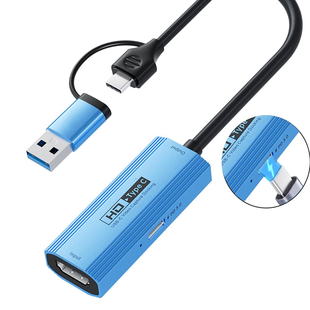 Portable 4K HDMI to USB-A/USB-C 3.0 Video Capture Card with 100W PD Fast Charging, Low Latency for Live Streaming,Gaming,and Recording (Compatible OBS, PC, Mac, PS5, Xbox, iPhone 15) Mac/Windows/Linux