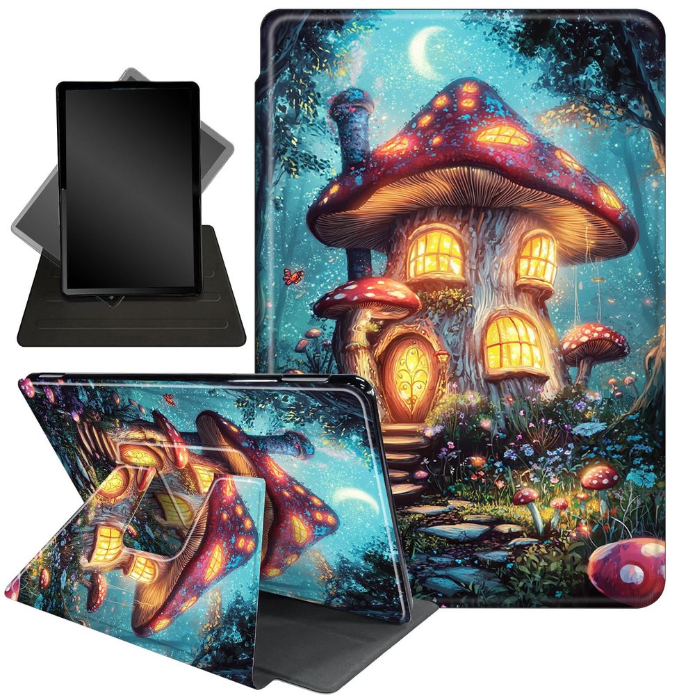 Case for 10.2" Kindle Scribe (2024/2022 Release),360 Degree Rotating Stand Smart Protective Cover Case for Kindle Scribe 10.2",Mushroom Houses and Moon