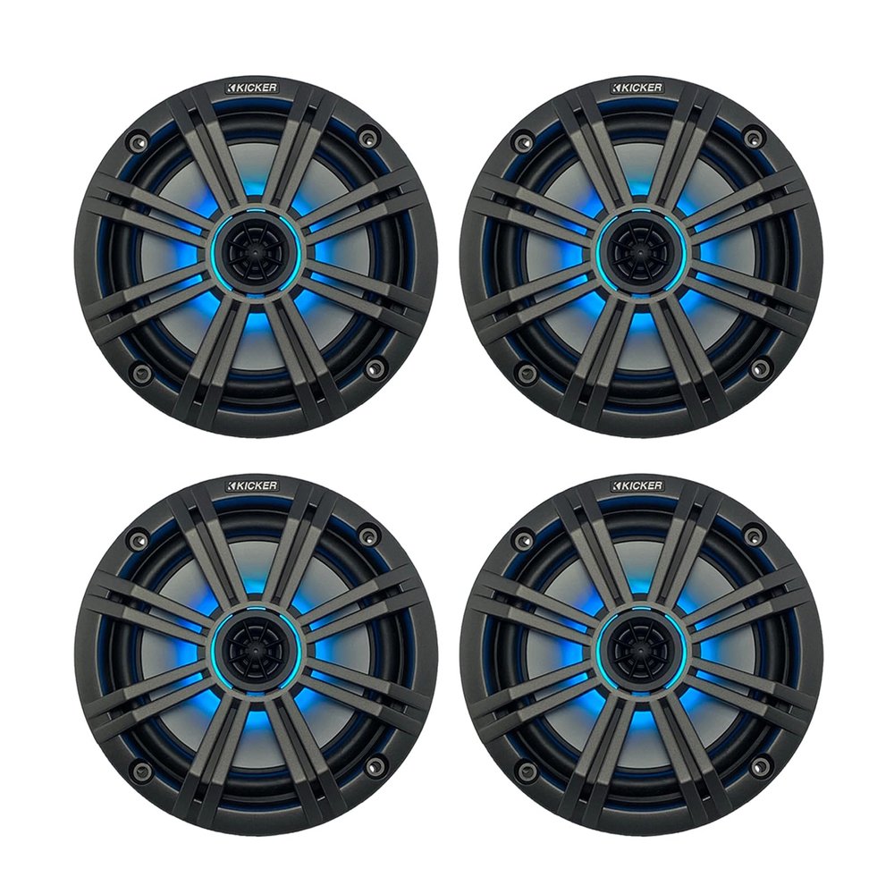 2 Pair (Qty 4) of Kicker 6.5" OEM Replacement 195 Watt Peak Multicolor LED Marine Audio Speakers with Charcoal Grilles