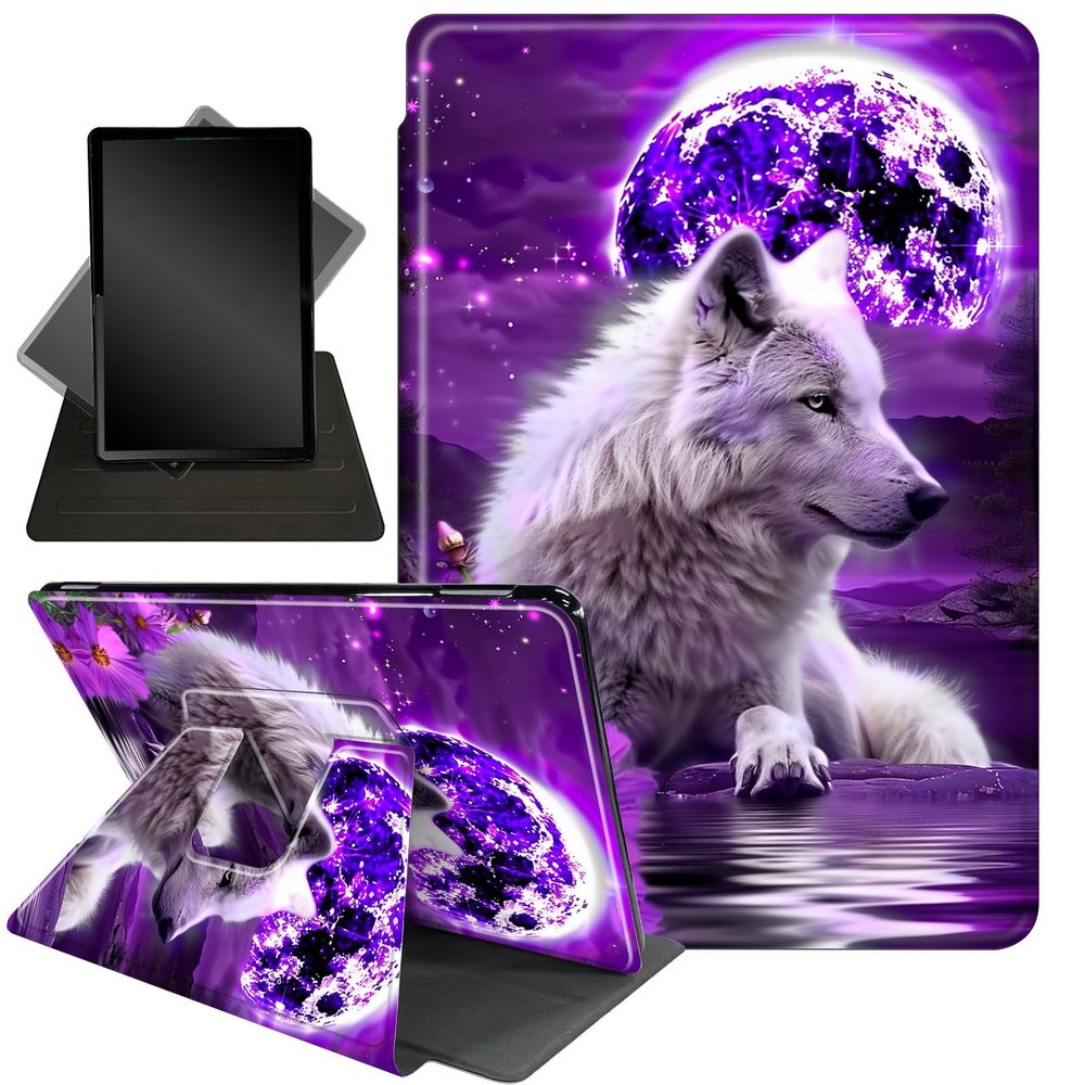 Case for All New 6 Inch Kindle 2024 and 2022 (11 Generation),360 Degree Rotating Stand Smart Protective Cover Case for Kindle 11th Generation 2024,Purple Moon and Wolfs
