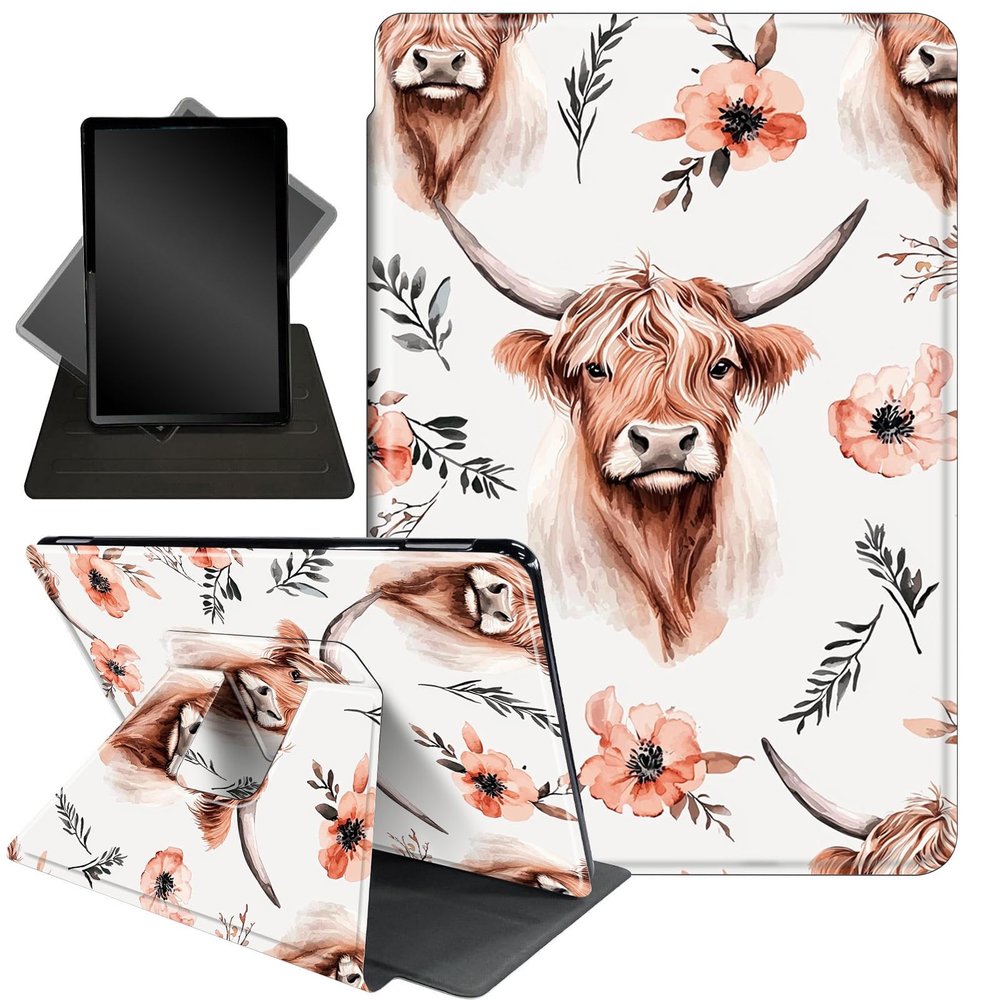 Case for All New 6 Inch Kindle 2024 and 2022 (11 Generation),360 Degree Rotating Stand Smart Protective Cover Case for Kindle 11th Generation 2024,Pink Flowers and Cow