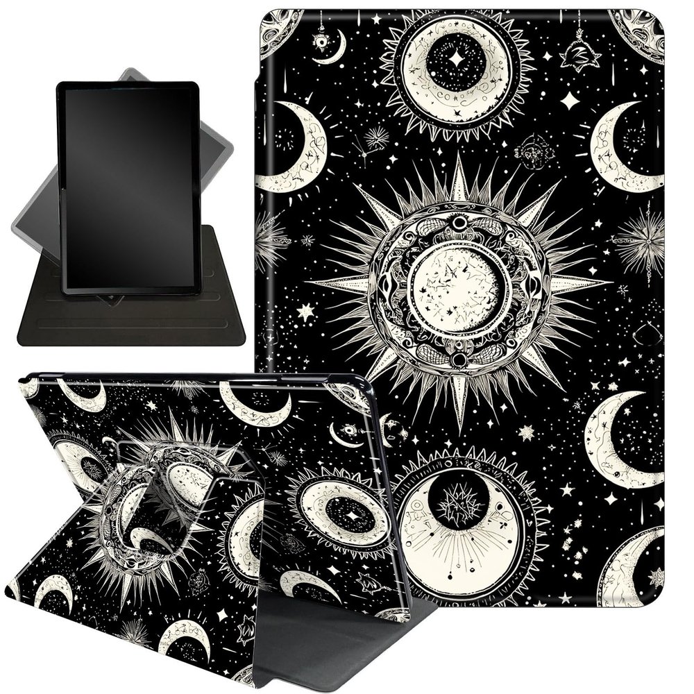 Case for 6.8" Kindle Paperwhite 11th Gen 2021,360 Degree Rotating Stand Smart Protective Cover Case for Kindle Paperwhite 2021 E-Reader,Black White Moon Stars
