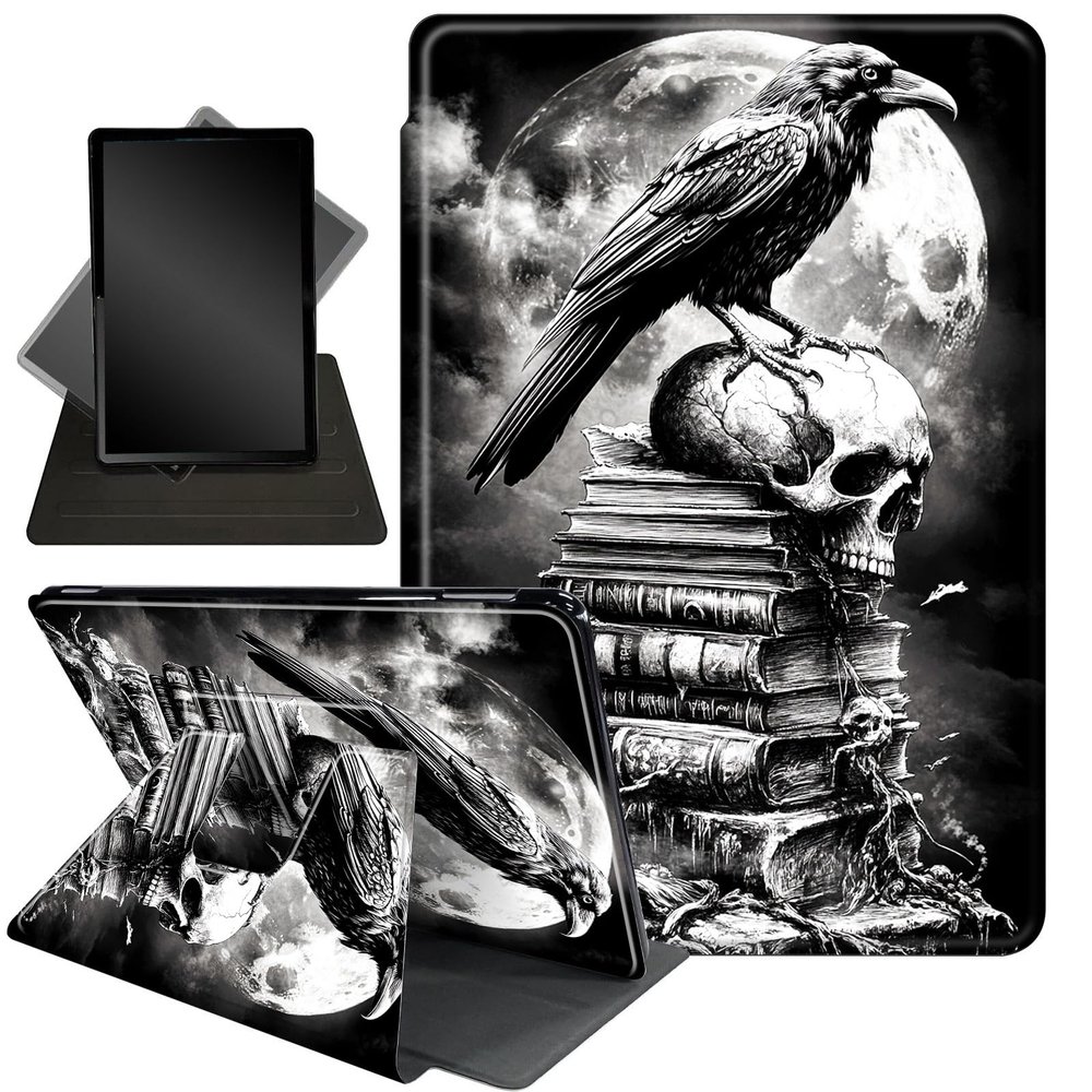 Case for 6.8" Kindle Paperwhite 11th Gen 2021,360 Degree Rotating Stand Smart Protective Cover Case for Kindle Paperwhite 2021 E-Reader,Skull and Crow