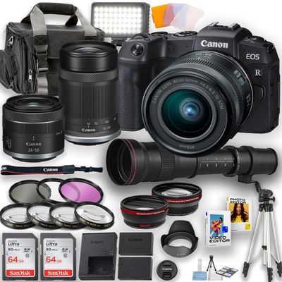Canon EOS RP Mirrorless Camera with RF 24-50mm and RF-S 55-210mm is STM + 420-800mm Telephoto Lens + LED Light + 2pc 64GB Memory Cards, Wideangle and Telephoto Lens, Filters & More, Black (Renewed)