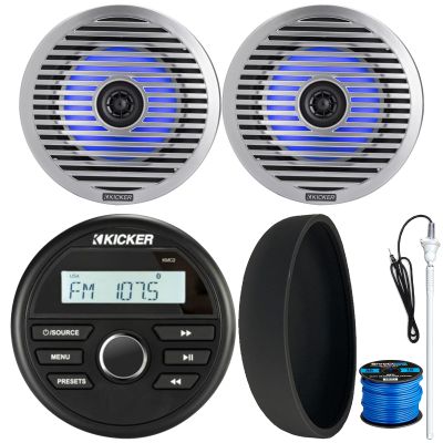KICKER 46KMC2 Marine Bluetooth All-Weather AM/FM USB/AUX Gauge Style Media Center Receiver W/Black Cover, 2X 6.5 130W Max Power White RGB LED Coaxial Boat Speakers W/Grilles, Speaker Wire, Antenna