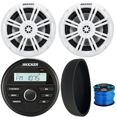 KICKER 46KMC2 Marine Bluetooth All-Weather AM/FM USB/AUX Gauge Style Media Center Receiver W/Black Cover, 2X 6.5 150W Max Power 2-Way White Boat Audio Speakers, 50 Feet 16 Gauge Speaker Wire