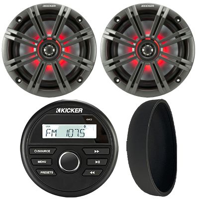 KICKER 46KMC2 Marine Bluetooth All-Weather AM/FM USB/AUX Gauge Style Media Center Receiver W/Black Cover, 2X 6.5 195W Max Power RGB LED Coaxial Speakers, 2X 6.5 Charcoal Grille Speaker