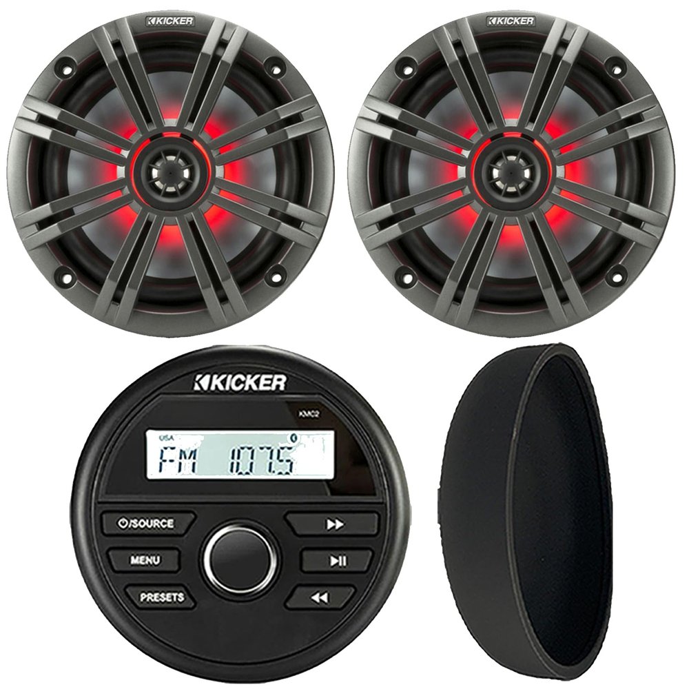 KICKER 46KMC2 Marine Bluetooth All-Weather AM/FM USB/AUX Gauge Style Media Center Receiver W/Black Cover, 2X 6.5 195W Max Power RGB LED Coaxial Speakers, 2X 6.5 Charcoal Grille Speaker