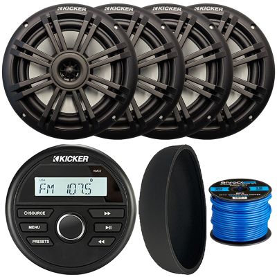 KICKER 46KMC2 Marine Bluetooth All-Weather AM/FM USB/AUX Gauge Style Media Center Receiver W/Black Cover, 4X 6.5 150W Max Power 2-Way Black Boat Audio Speakers, 50 Feet 16 Gauge Speaker Wire