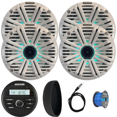 KICKER 46KMC2 Marine Bluetooth All-Weather AM/FM USB/AUX Gauge Style Media Center Receiver W/Black Cover, 4X 6.5 195W Max Power RGB LED Coaxial Speakers W/White Grille, Antenna, Speaker Wire