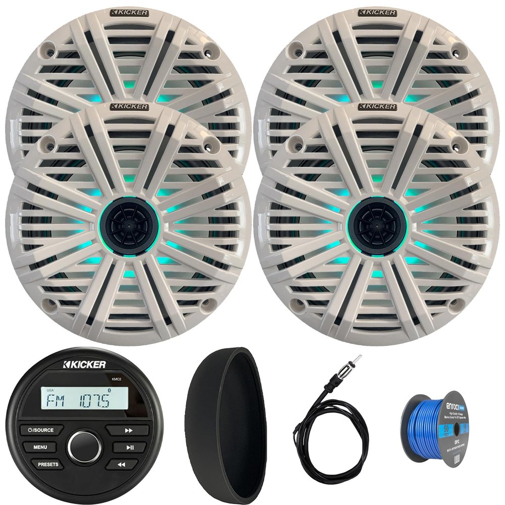 KICKER 46KMC2 Marine Bluetooth All-Weather AM/FM USB/AUX Gauge Style Media Center Receiver W/Black Cover, 4X 6.5 195W Max Power RGB LED Coaxial Speakers W/White Grille, Antenna, Speaker Wire