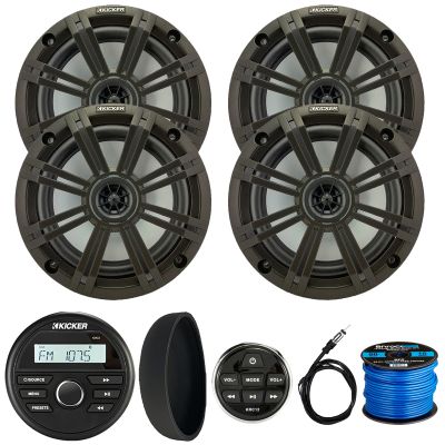 KICKER 46KMC2 Marine Bluetooth All-Weather AM/FM USB/AUX Gauge Style Media Center Receiver W/Black Cover & Remote Control, 4X 6.5 195W Max Power Coaxial Speakers W/Charcoal Grille, Antenna, Wire