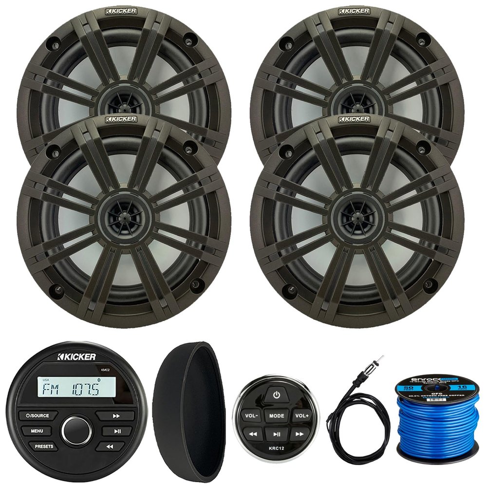KICKER 46KMC2 Marine Bluetooth All-Weather AM/FM USB/AUX Gauge Style Media Center Receiver W/Black Cover & Remote Control, 4X 6.5 195W Max Power Coaxial Speakers W/Charcoal Grille, Antenna, Wire
