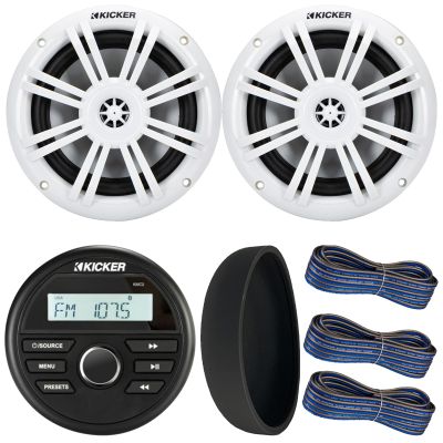 KICKER 46KMC2 Marine Bluetooth All-Weather AM/FM USB/AUX Gauge Style Media Center Receiver W/Black Cover, 2X 6.5 150 Watt Peak Power 2-Way White Boat Audio Speakers, 3X 20 Feet 16 Gauge Speaker Wire