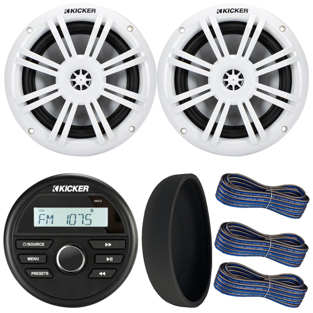 KICKER 46KMC2 Marine Bluetooth All-Weather AM/FM USB/AUX Gauge Style Media Center Receiver W/Black Cover, 2X 6.5 150 Watt Peak Power 2-Way White Boat Audio Speakers, 3X 20 Feet 16 Gauge Speaker Wire
