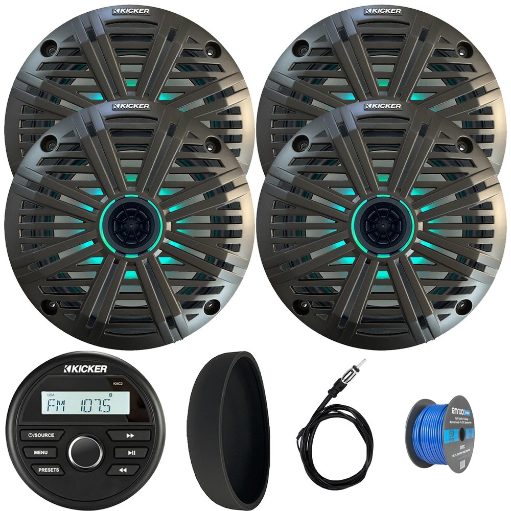 KICKER 46KMC2 Marine Bluetooth All-Weather AM/FM USB/AUX Gauge Style Media Center Receiver W/Black Cover, 4X 6.5 195W Max Power RGB LED Coaxial Speakers W/Charcoal Grille, Antenna, Speaker Wire