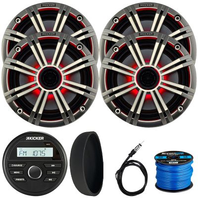 KICKER 46KMC2 Marine Bluetooth All-Weather AM/FM USB/AUX Gauge Style Media Center Receiver W/Black Cover, 4X 6.5 195W Max Power RGB LED Coaxial Speakers W/Silver Grille, Antenna, Speaker Wire