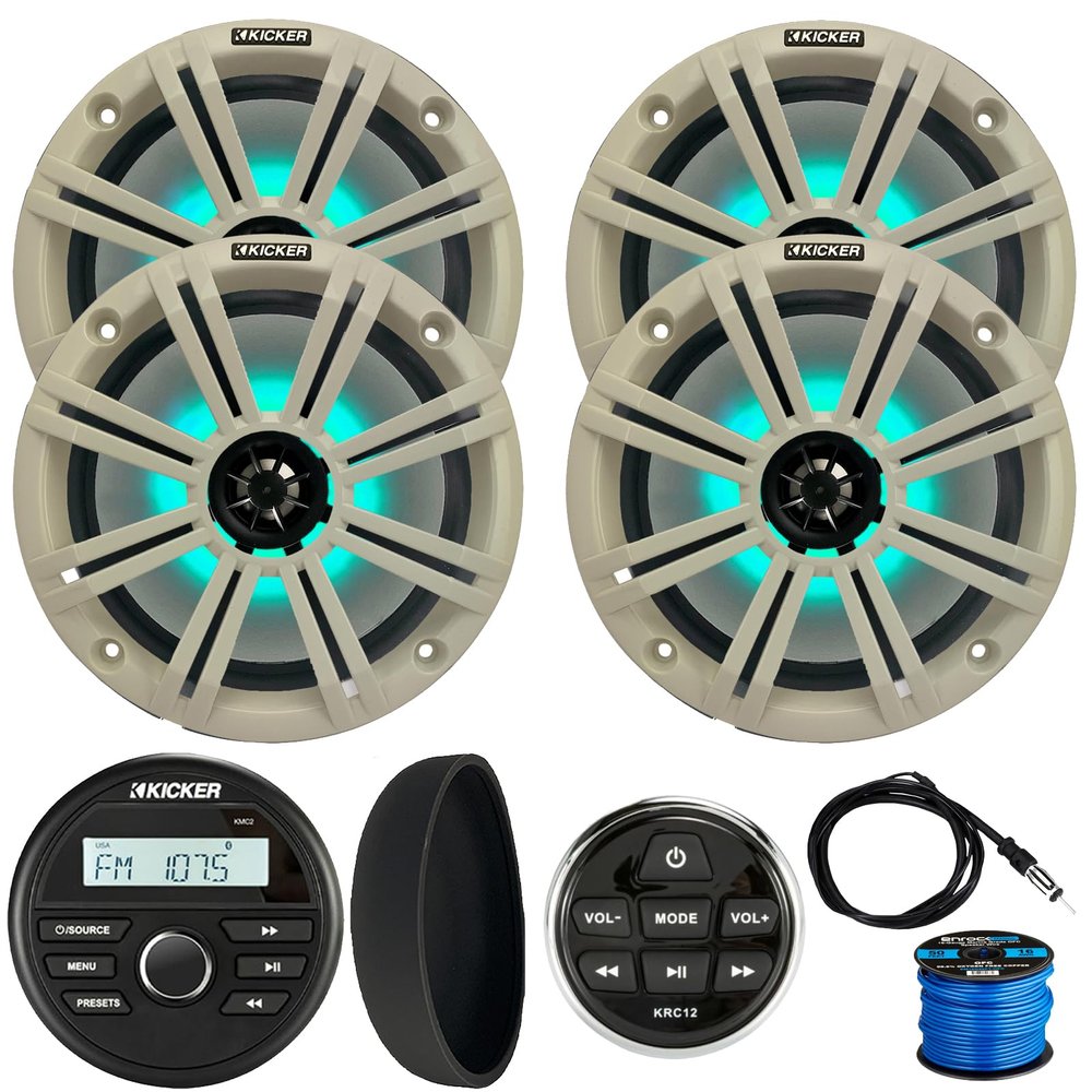 KICKER 46KMC2 Marine Bluetooth All-Weather AM/FM USB/AUX Gauge Style Media Center Receiver W/Black Cover, Remote Control, 4X 8 300W Max Power RGB LED Boat Speakers W/White Grilles, Antenna, Wire