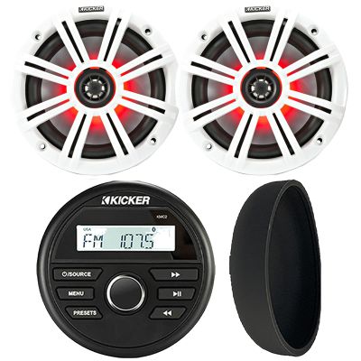 KICKER 46KMC2 Marine Bluetooth All-Weather AM/FM USB/AUX Gauge Style Media Center Receiver W/Black Cover, 2X 6.5 195W Max Power RGB LED Coaxial Speakers, 2X 6.5 White Grille Speaker