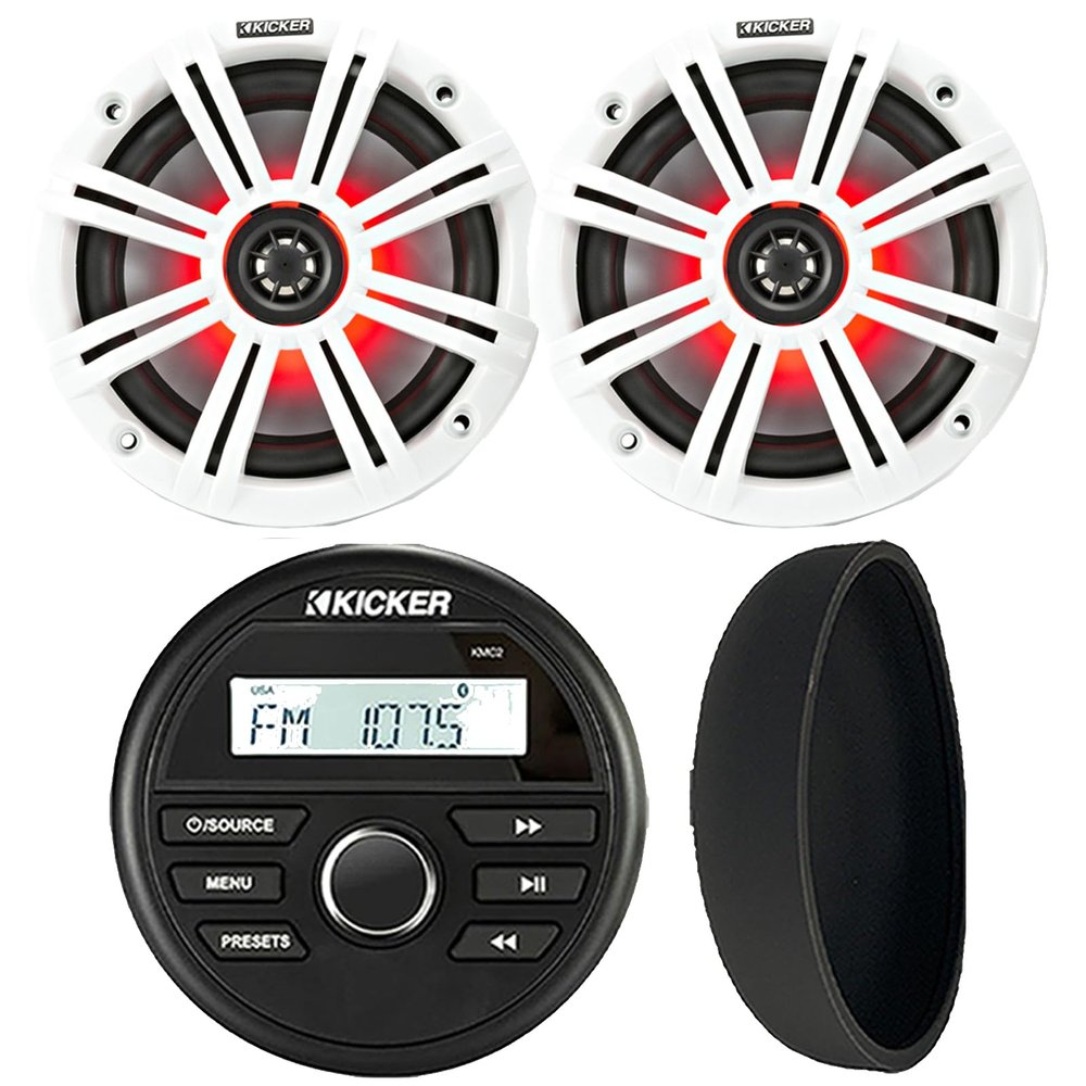 KICKER 46KMC2 Marine Bluetooth All-Weather AM/FM USB/AUX Gauge Style Media Center Receiver W/Black Cover, 2X 6.5 195W Max Power RGB LED Coaxial Speakers, 2X 6.5 White Grille Speaker