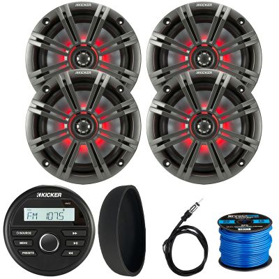 KICKER 46KMC2 Marine Bluetooth All-Weather AM/FM USB/AUX Gauge Style Media Center Receiver W/Black Cover, 4X 6.5 195W Max Power RGB LED Coaxial Speakers W/Charcoal Grille, Antenna, Speaker Wire