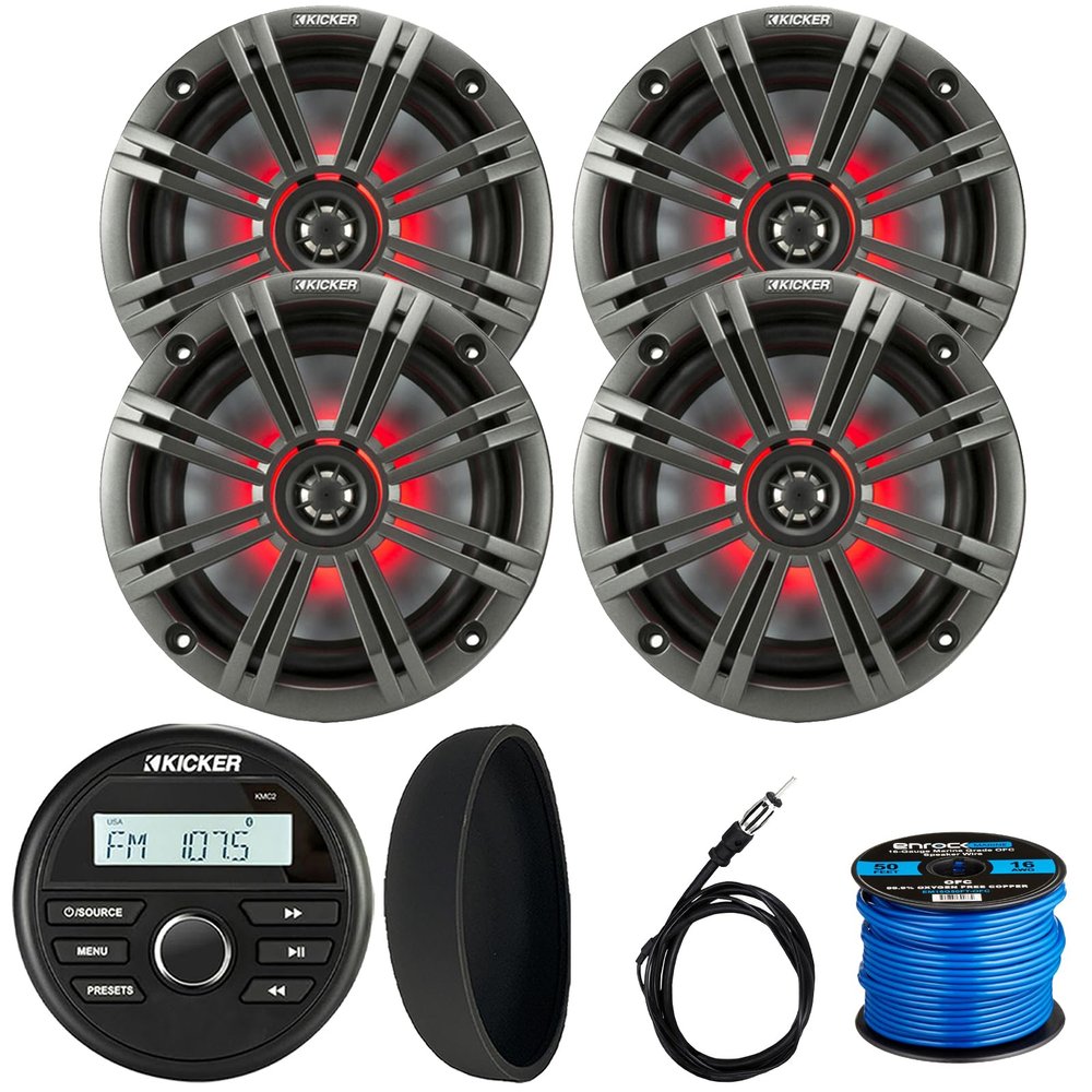 KICKER 46KMC2 Marine Bluetooth All-Weather AM/FM USB/AUX Gauge Style Media Center Receiver W/Black Cover, 4X 6.5 195W Max Power RGB LED Coaxial Speakers W/Charcoal Grille, Antenna, Speaker Wire