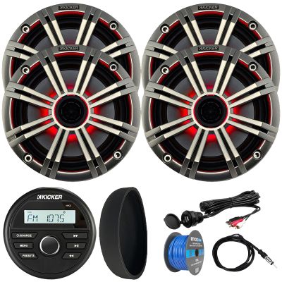 KICKER 46KMC2 Marine Bluetooth All-Weather AM/FM USB/AUX Gauge Style Media Center Receiver W/Black Cover, 4X 6.5 195W Max RGB LED Speakers W/Silver Grille, USB/AUX Adapter, Speaker Wire, Antenna