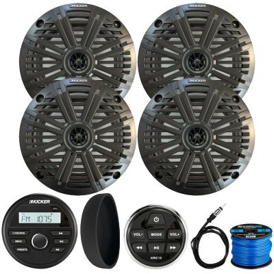 KICKER 46KMC2 Marine Bluetooth All-Weather AM/FM USB/AUX Gauge Style Media Center Receiver W/Black Cover & Remote Controller, 4X 6.5 195W Max Power Coaxial Speakers W/Grilles, Radio Antenna, Wire