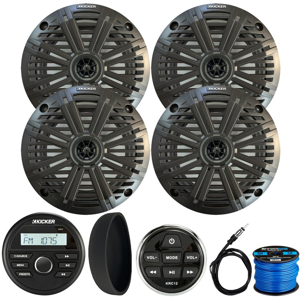 KICKER 46KMC2 Marine Bluetooth All-Weather AM/FM USB/AUX Gauge Style Media Center Receiver W/Black Cover & Remote Controller, 4X 6.5 195W Max Power Coaxial Speakers W/Grilles, Radio Antenna, Wire