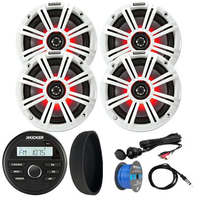 KICKER 46KMC2 Marine Bluetooth All-Weather AM/FM USB/AUX Gauge Style Media Center Receiver W/Black Cover, 4X 6.5 195W Max RGB LED Speakers W/White Grille, USB/AUX Adapter, Speaker Wire, Antenna