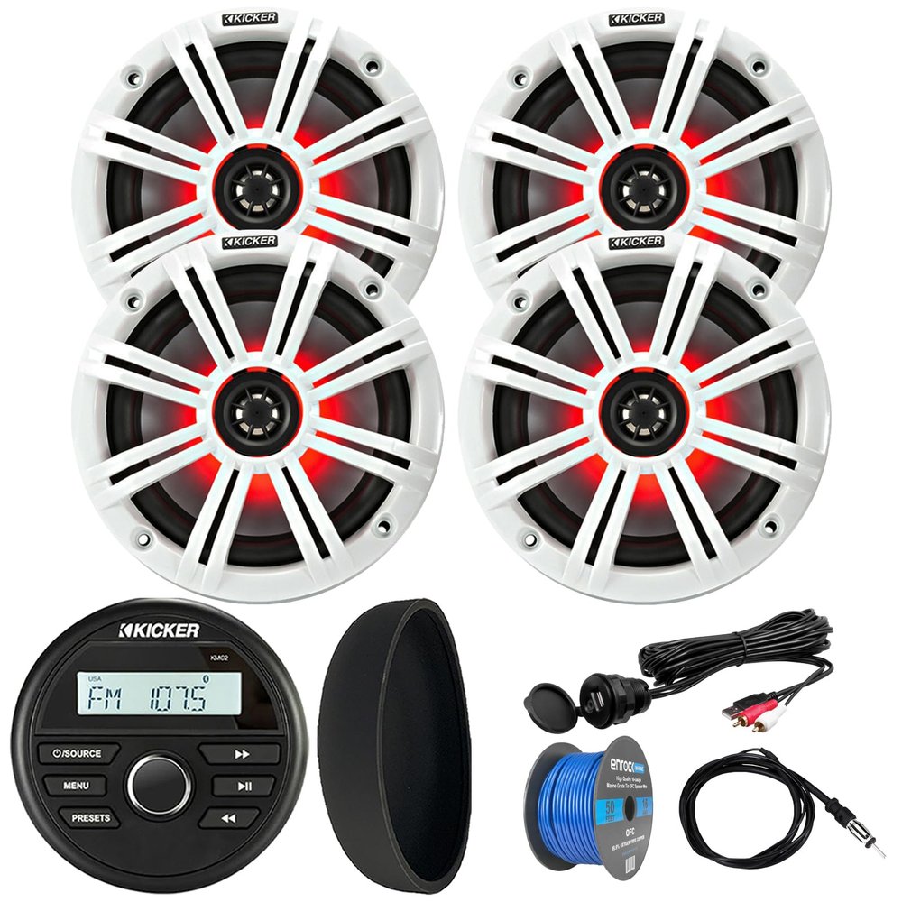 KICKER 46KMC2 Marine Bluetooth All-Weather AM/FM USB/AUX Gauge Style Media Center Receiver W/Black Cover, 4X 6.5 195W Max RGB LED Speakers W/White Grille, USB/AUX Adapter, Speaker Wire, Antenna