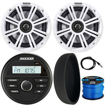 KICKER 46KMC2 Marine Bluetooth All-Weather AM/FM USB/AUX Gauge Style Media Center Receiver W/Black Cover, 2X 6.5 195 Watt Max Power Coaxial Speakers W/White Grille, Radio Antenna, Speaker Wire