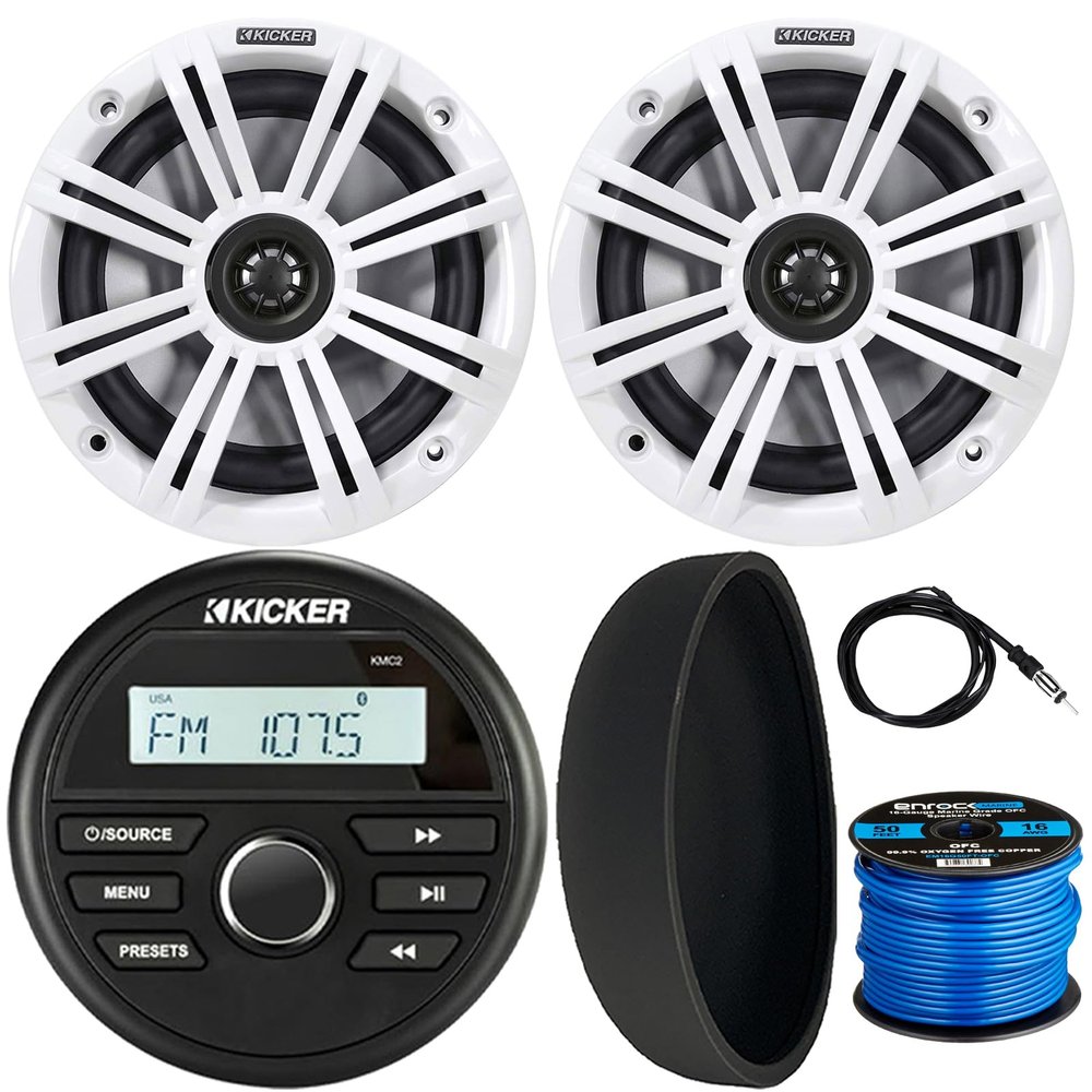 KICKER 46KMC2 Marine Bluetooth All-Weather AM/FM USB/AUX Gauge Style Media Center Receiver W/Black Cover, 2X 6.5 195 Watt Max Power Coaxial Speakers W/White Grille, Radio Antenna, Speaker Wire