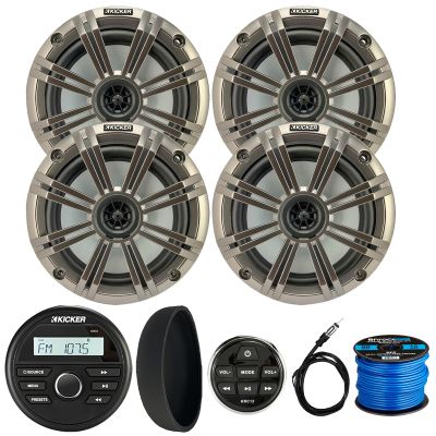 KICKER 46KMC2 Marine Bluetooth All-Weather AM/FM USB/AUX Gauge Style Media Center Receiver W/Black Cover & Remote Control, 4X 6.5 195W Max Power Coaxial Speakers W/Silver Grille, Antenna, Wire