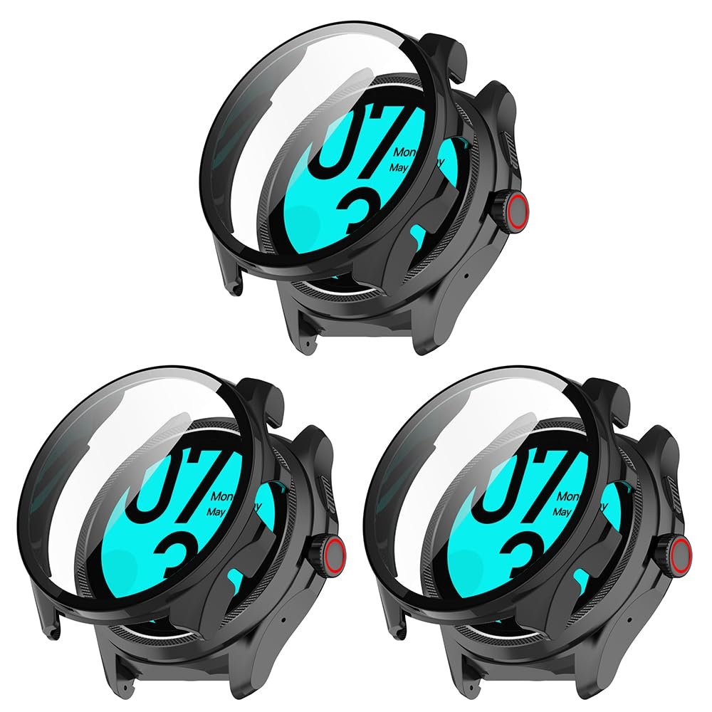 3 Pack Hard Case with Screen Protector for TicWatch Pro 5, HD Clear Built-in 9H Tempered Glass Full Protection Slim Cover (Black/Black/Black)