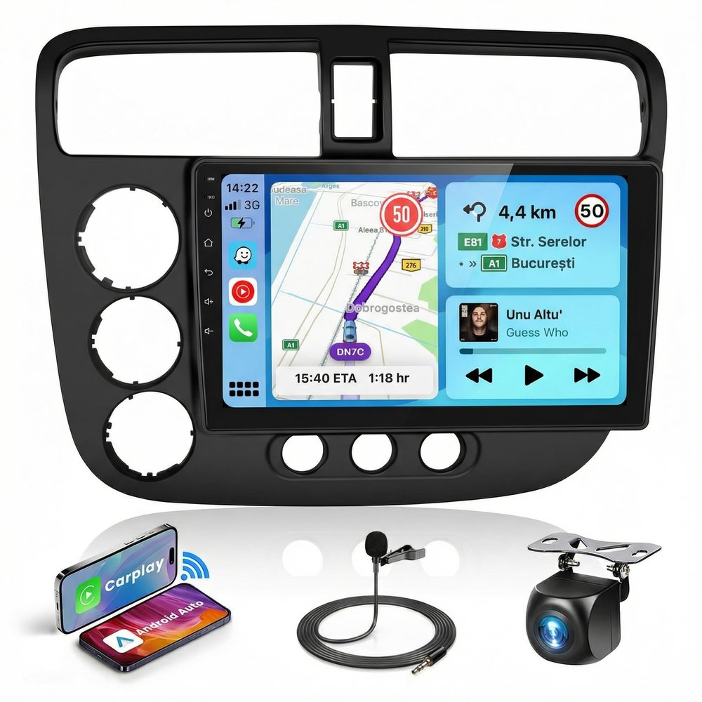 8Core 4G+64G Car Stereo for Honda Civic 2001-2005, Qualcomm Snapdragon Chip, Wireless CarPlay Android Auto, 9" IPS Touchscreen Radio for Civic, GPS+5GWiFi, Bluetooth, Backup Camera