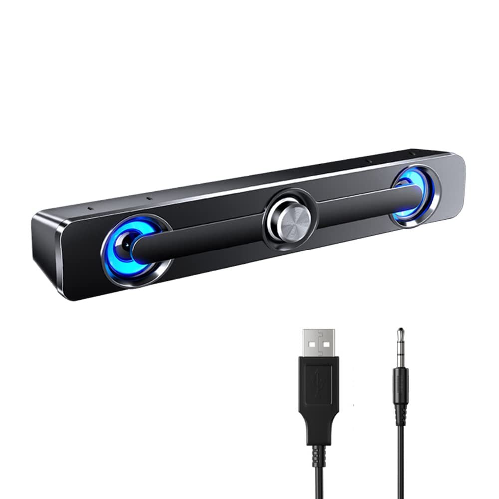 Mtlavishness V111 Computer Speaker Powerful Bar Stereo Subwoofer Bass Speaker Surround Sound Box for PC Laptop Phone Tablet MP3 MP4 with Independent Metal Volume Knob Blue LED (Black)