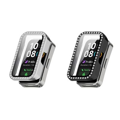 2 Pack Bling Case Compatible with Huawei Band 9 with Tempered Glass Screen Protector, Hard Bumper Shockproof Anti-Scratch Full Protective Shiny Cover for Huawei Band 9 (Black/Silver)