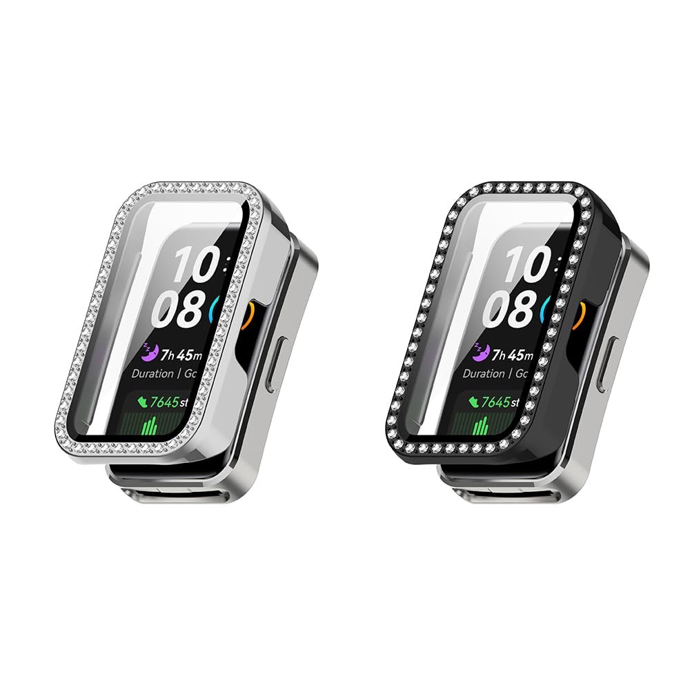 2 Pack Bling Case Compatible with Huawei Band 9 with Tempered Glass Screen Protector, Hard Bumper Shockproof Anti-Scratch Full Protective Shiny Cover for Huawei Band 9 (Black/Silver)