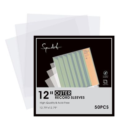 SpinArt 50PCS Vinyl Record Outer Sleeves, 3.94 Mil Thick Matte White Vinyl Protective Sleeve, 12.79'' x 12.79'' Outer Sleeves, Durable & Wrinkle-Free LP Album Covers Fit Single and Double LPs