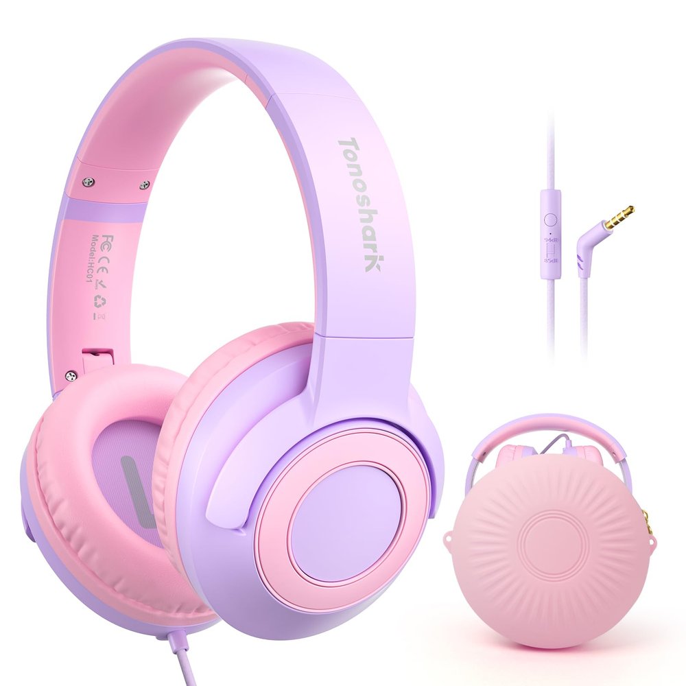 TONOSHARK Kids Wired Headphones with Microphone, Volume Limited to 85/94dB Earphone for Boys & Girls, Foldable 3.5mm Jack Headset for School & Travel, Includes Portable Case(Purple)