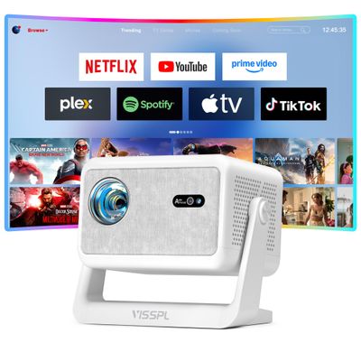 Compatible with Netflix & Auto focus VISSPL Smart Projector with WiFi and Bluetooth, Auto Focus & Keystone Protable Mini Projector with Stand, 4K Home Theater Projector