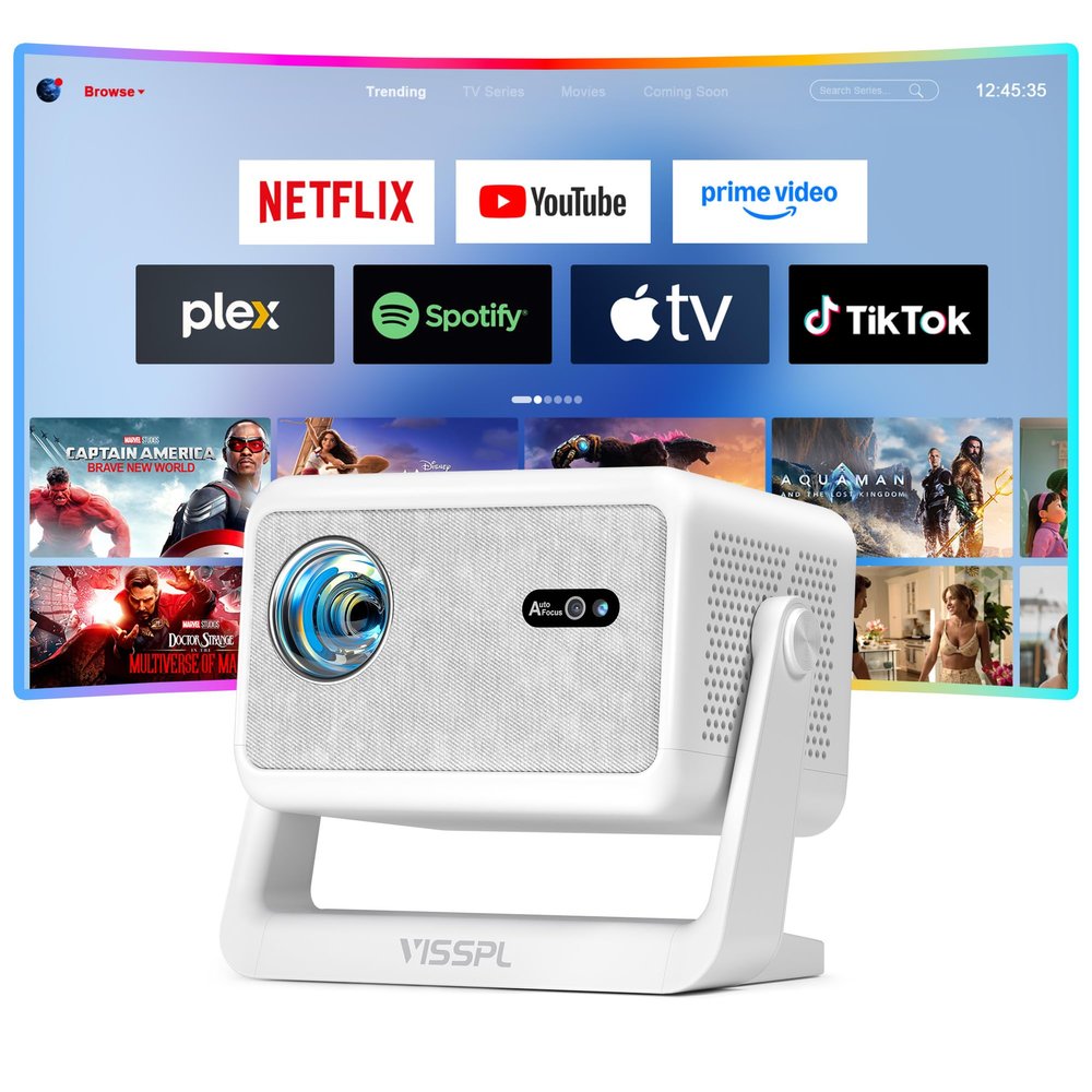 Compatible with Netflix & Auto focus VISSPL Smart Projector with WiFi and Bluetooth, Auto Focus & Keystone Protable Mini Projector with Stand, 4K Home Theater Projector