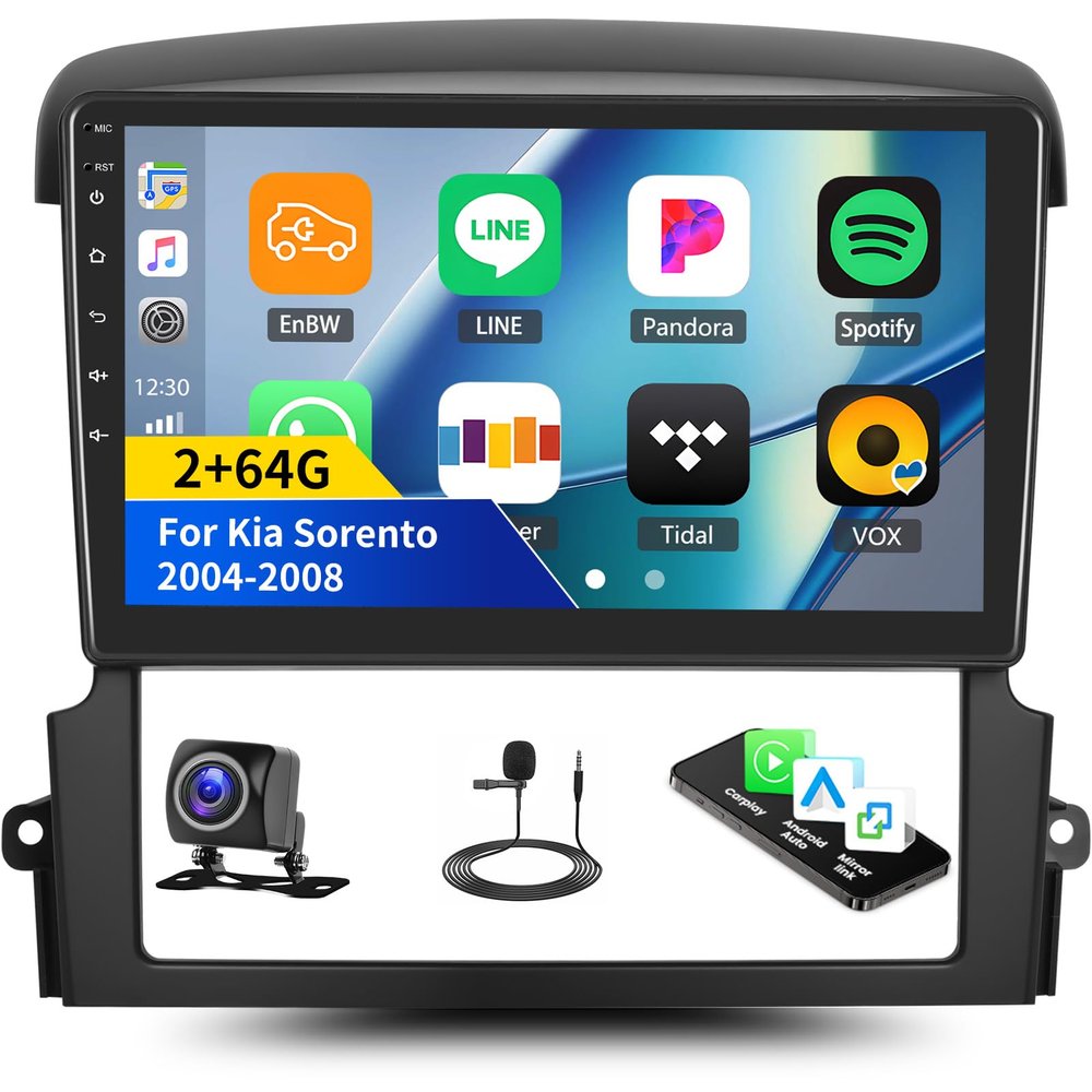 [2+64G] Android Car Stereo for Kia Sorento 2004-2008 with Wireless Carplay&Android Auto,9 Inch Touch Screen Car Radio with Bluetooth FM/RDS Radio EQ WiFi GPS Dual USB+Backup Camera