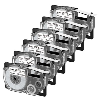 6-Pack Replace for Casio Label Maker Tape XR-9WE XR9WE XR-9WE2S, Black on White 9mm 3/8'', Compatible with Casio EZ Label Printers Kl-60 Kl-780 Kl750b Kl-100 Kl750 Kl7200