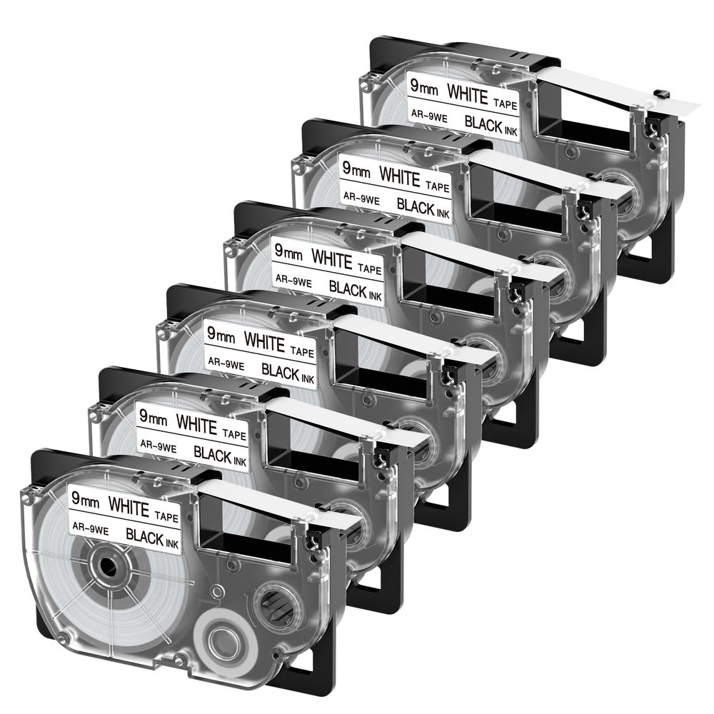 6-Pack Replace for Casio Label Maker Tape XR-9WE XR9WE XR-9WE2S, Black on White 9mm 3/8'', Compatible with Casio EZ Label Printers Kl-60 Kl-780 Kl750b Kl-100 Kl750 Kl7200