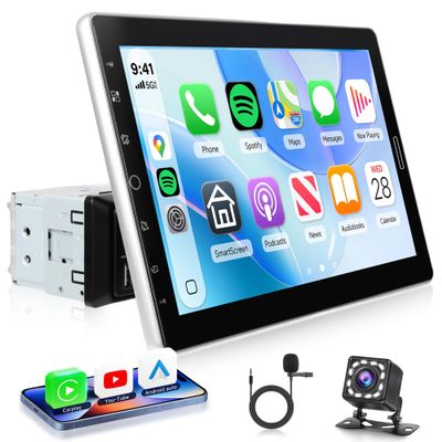 10.1 inch Single Din Car Stereo CarPlay Android Auto Mirror Link, KYNNT Detachable Touch Screen Car Radio with BT FM/EQ/USB/AUX/TF/SWC/MIC Car Audio Receiver Backup Camera